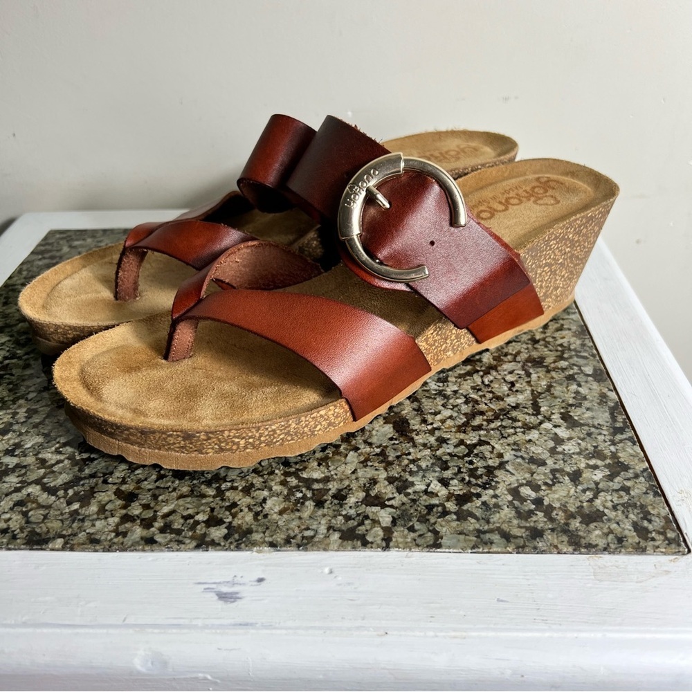 Yokono Womens Size 41 brown Leather Straps & Sock Cork Sole Sandals Wedge Brown